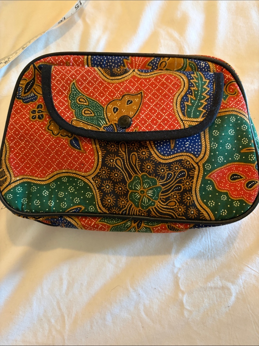 Batik Floral Print zippered Tote Pouch - Green & Red